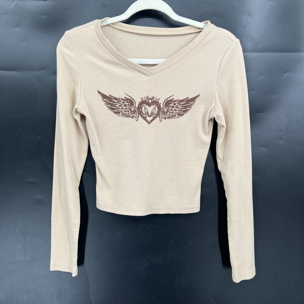 Y2k ribbed v-neck cropped long sleeve t-shirt wings heart glitter grunge indie M